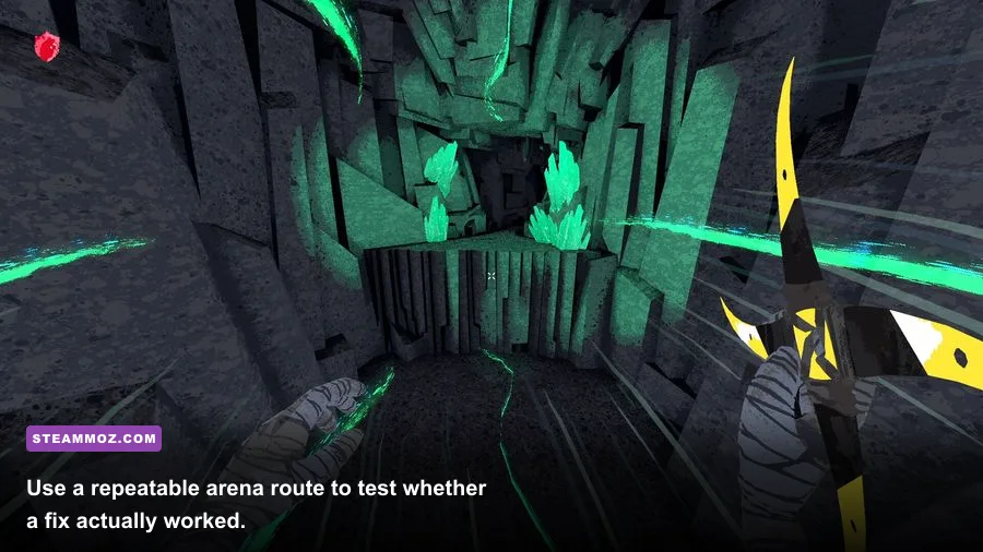 Boomerang X PC gameplay in a dark arena during a performance test