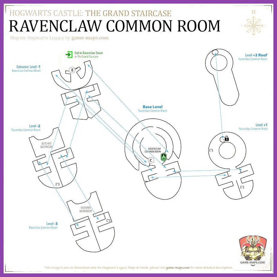 The high-ceilinged blue and silver Ravenclaw common room with wide arched windows in Hogwarts Legacy
