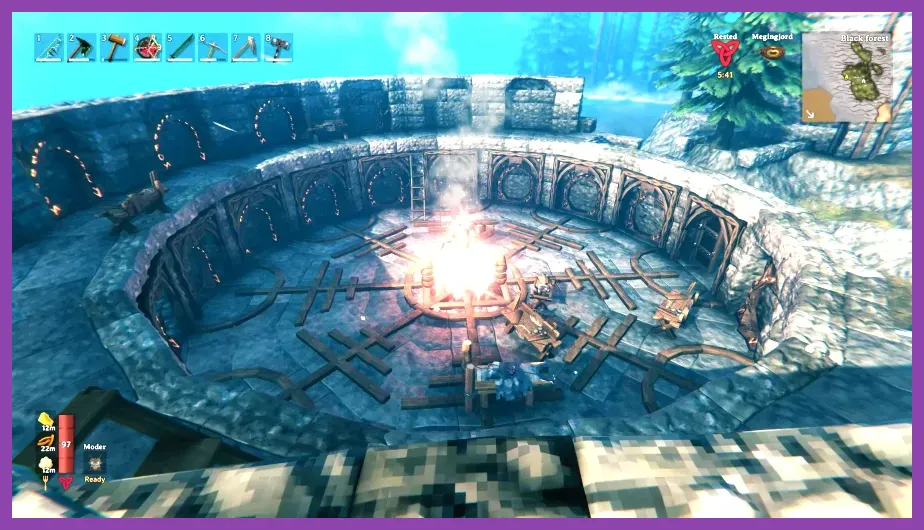 Valheim player base with portal network and animal pens