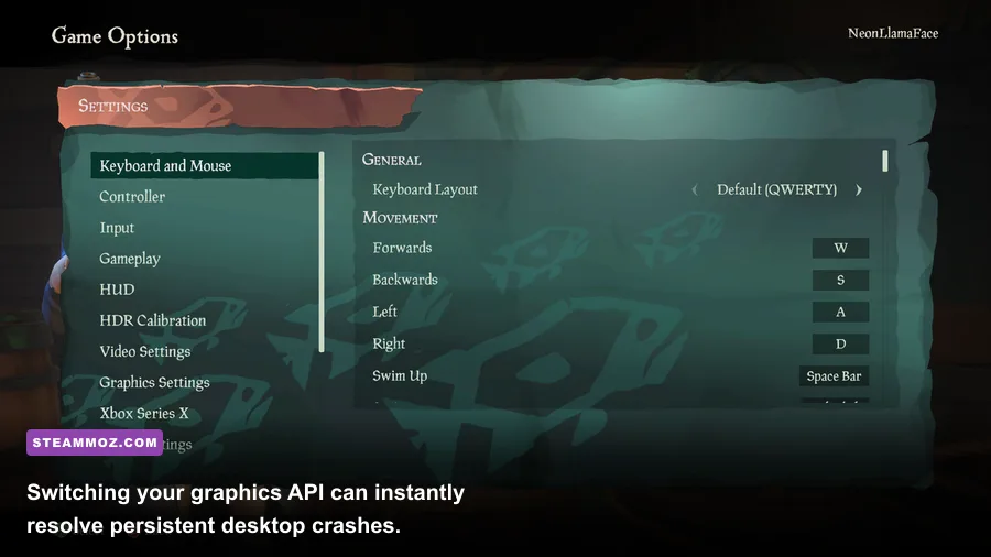 Sea of Thieves PC in-game video and graphics settings menu