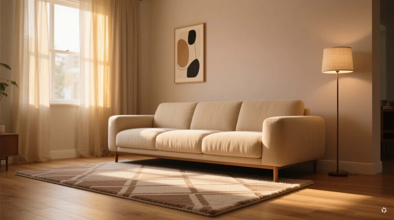 sectional sofa with only front legs resting on a small area rug