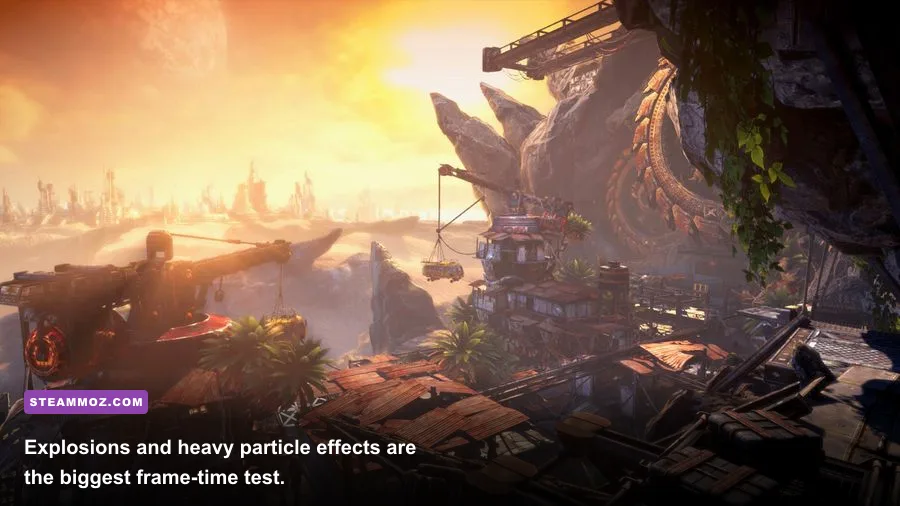 Bulletstorm Full Clip Edition combat screenshot with explosions and enemies in Echoes of Stygia
