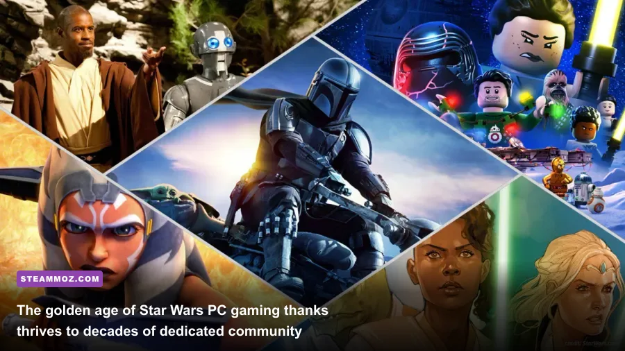 Collage of iconic Star Wars PC games featuring KOTOR and Battlefront