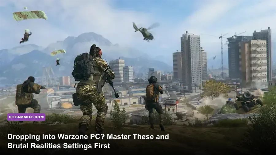Warzone PC operator engaging in high-intensity gunfight across Urzikstan skyline