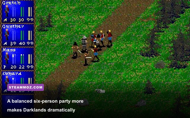 Darklands character creation screen showing a medieval adventuring party