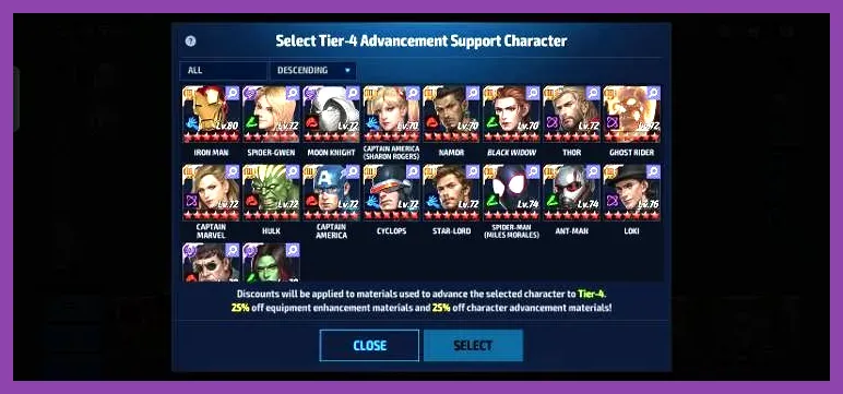 Marvel Future Fight character tier advancement