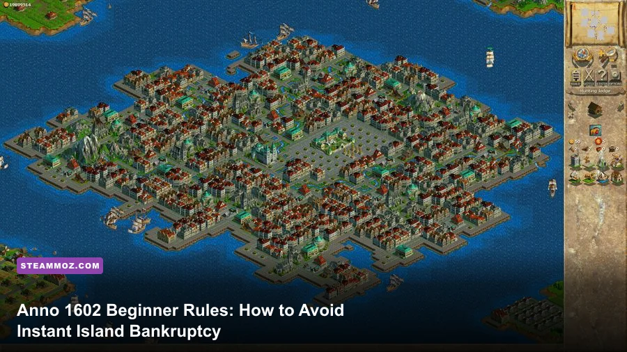 A flourishing early settlement and harbor in Anno 1602 with wooden trading ships