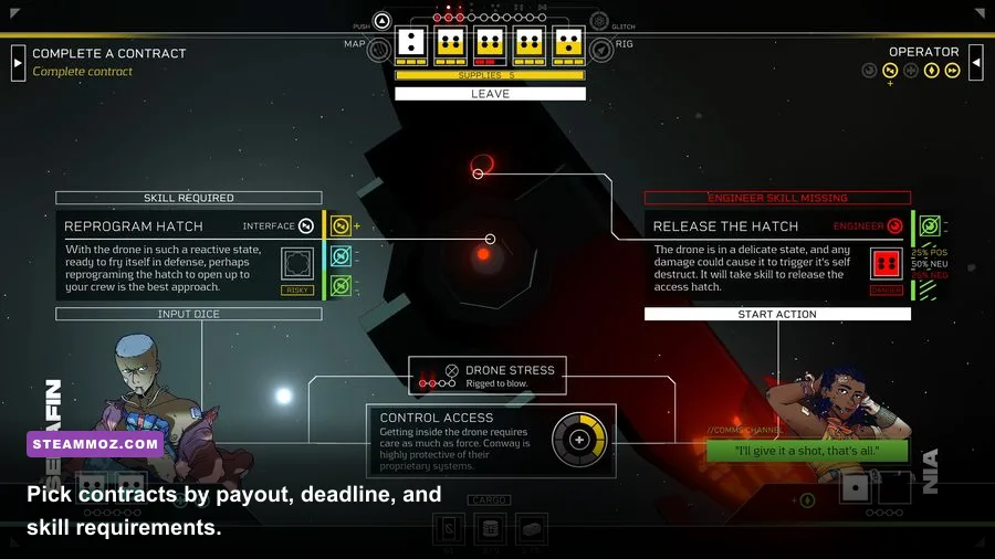 Citizen Sleeper 2 contract board showing available jobs