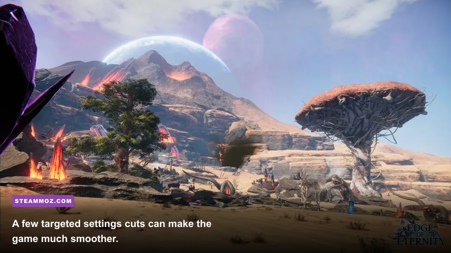Edge of Eternity PC graphics settings menu with resolution and shadow options