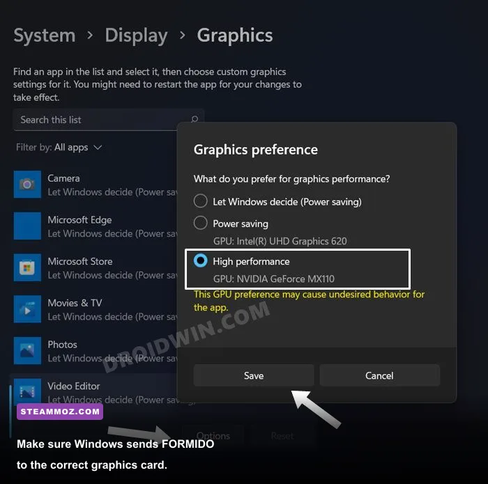 Windows graphics settings selecting a high performance GPU for FORMIDO