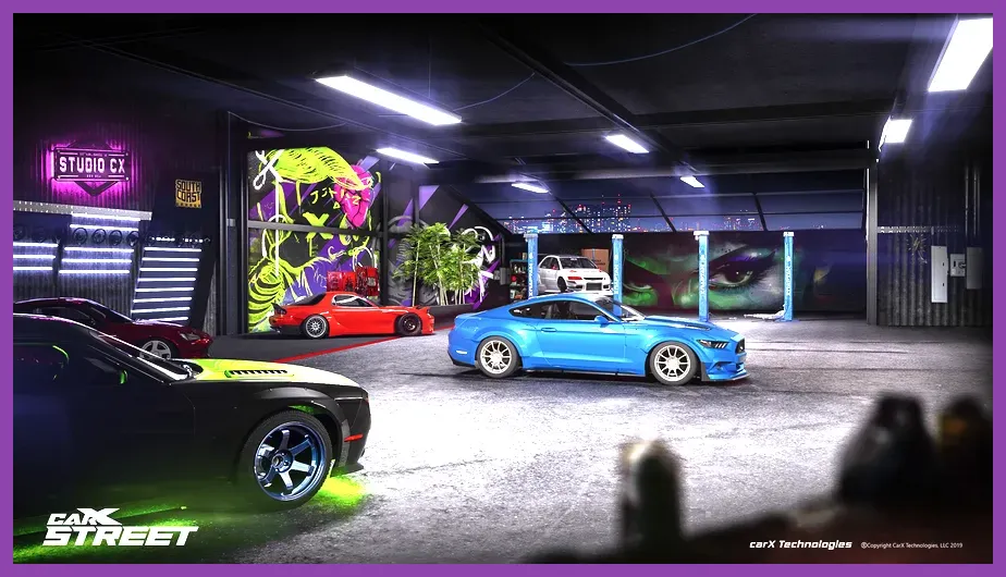 CarX Street modified sports car inside detailed tuning garage