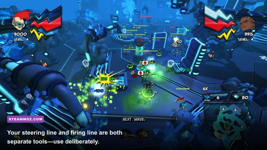Gearshifters twin-stick combat with vehicle weapons aimed at roadside enemies