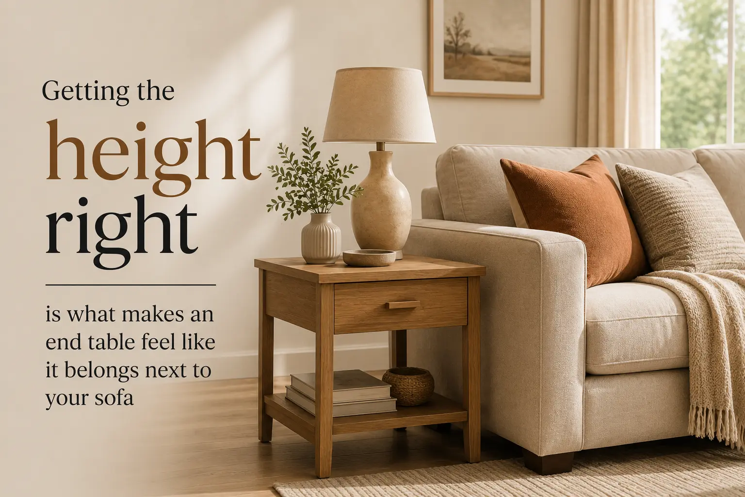 End table positioned at the correct height beside a sofa armrest in a warm neutral living room