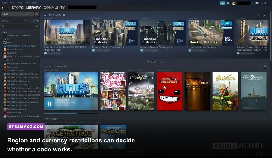 Steam Wallet code region and currency activation screen on PC