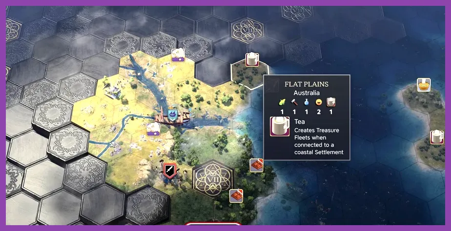 Map view highlighting rare crafting material deposits in Civilization 7