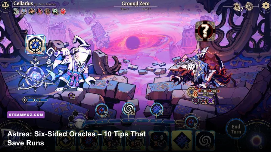 Astrea Six-Sided Oracles combat screen showing dice and Oracle abilities