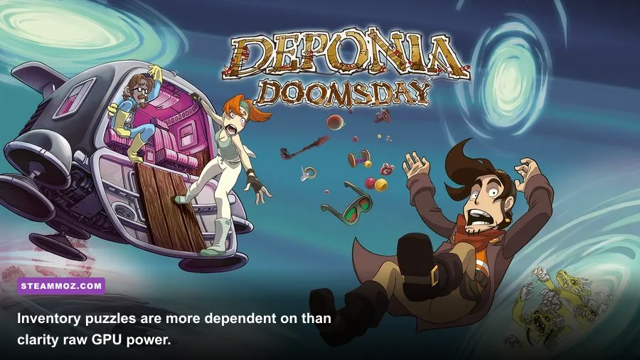 Rufus examining inventory items in Deponia Doomsday