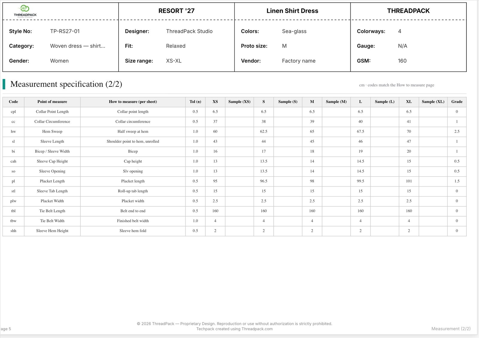 Tech pack page 5: sleeve, tab and tie belt measurements