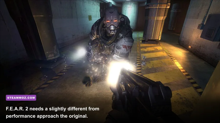 F.E.A.R. 2 Project Origin PC gameplay during a mech combat sequence