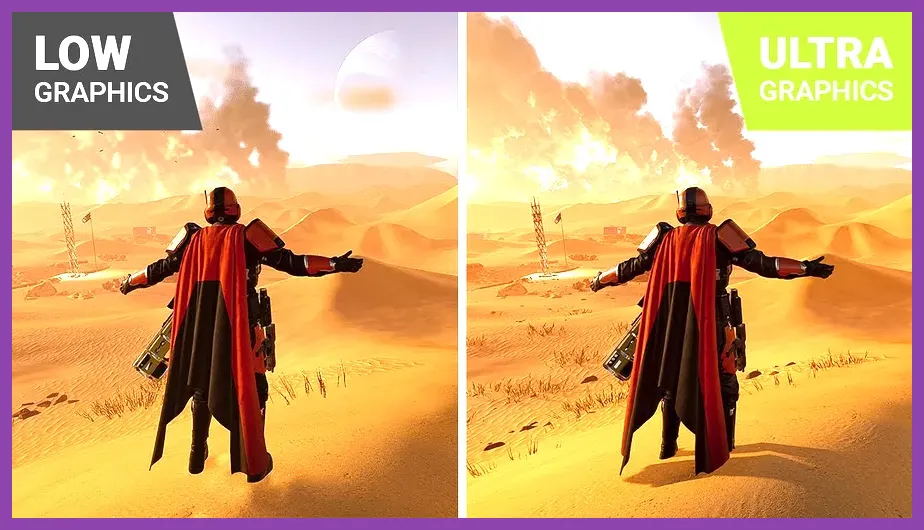 Side by side view of low texture and shadow settings versus high settings
