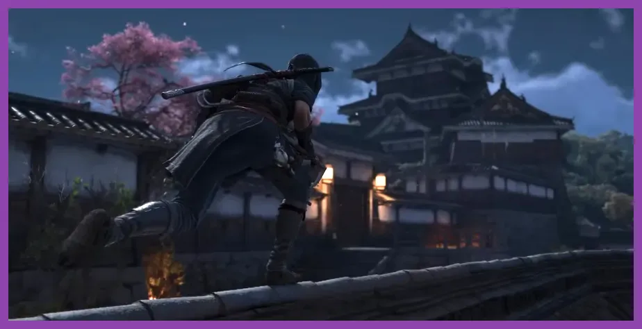 Naoe using her grappling hook between rooftops in Assassin’s Creed Shadows