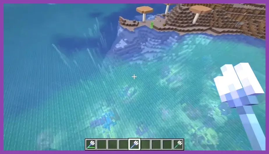 Minecraft player wielding an enchanted trident with Riptide and Loyalty near an ocean monument