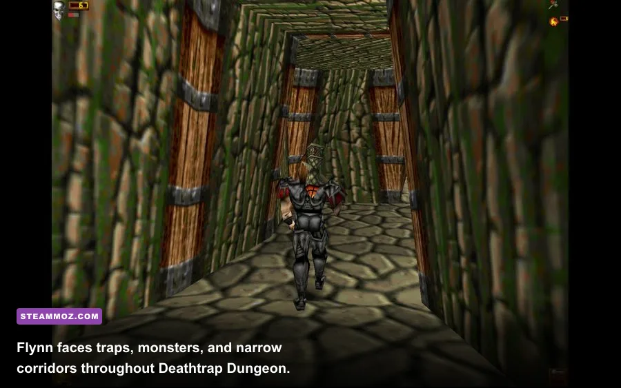 Flynn running through a trap-filled castle corridor in Deathtrap Dungeon