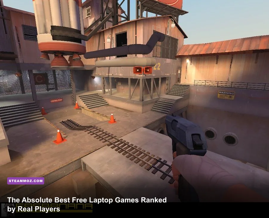 High-octane team firefight on Dustbowl in Team Fortress 2 running on a laptop