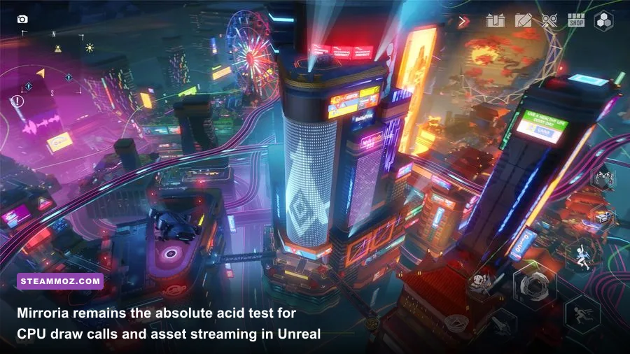 Player character overlooking the sprawling cyberpunk metropolis of Mirroria in Tower of Fantasy