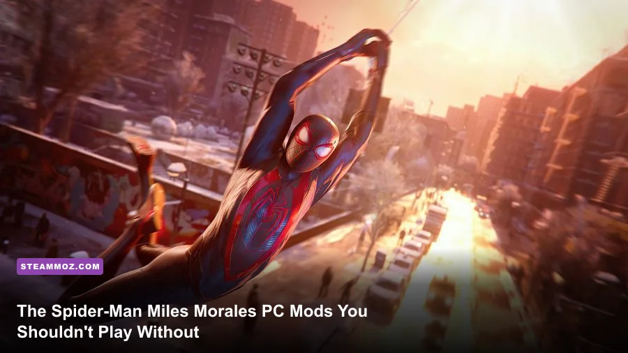 Miles Morales web-swinging above snowy Manhattan in Spider-Man Miles Morales on PC