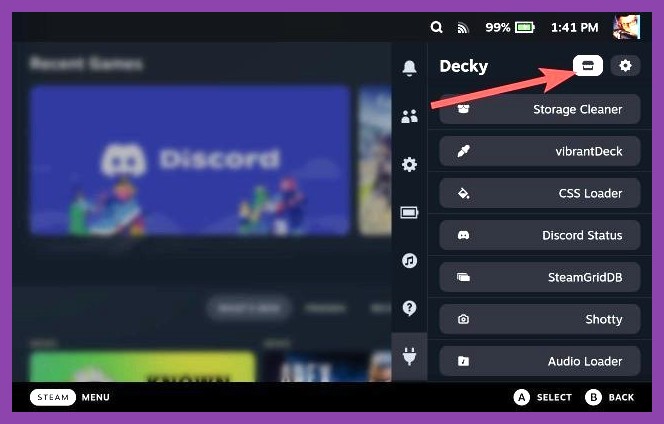 Decky Loader interface showing plugin choices on Steam Deck screen