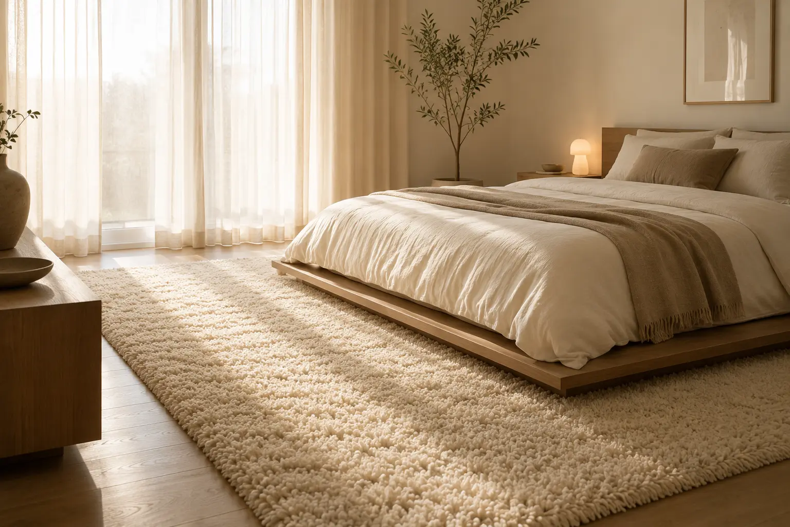 plush high-pile rug beside a bed in a cozy neutral bedroom