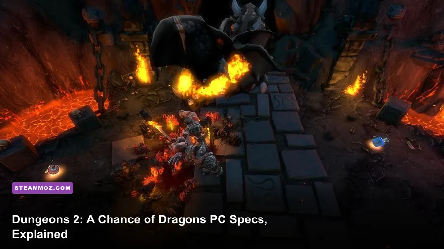 Dungeons 2 A Chance of Dragons gameplay showing the Overlord's underground dungeon and dragon enemies