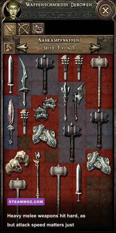 Dungeon Siege melee weapon inventory showing swords hammers and axes