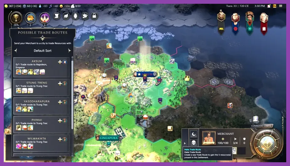 Civilization 7 economic leaders managing trade routes and resources