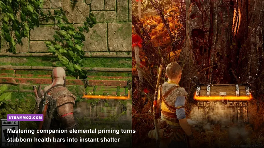 Atreus drawing his bow to fire elemental sonic arrows at a glowing boss monster in God of War Ragnarok