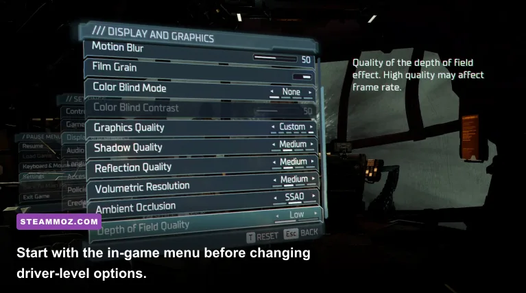 Dead in Antares PC graphics settings menu