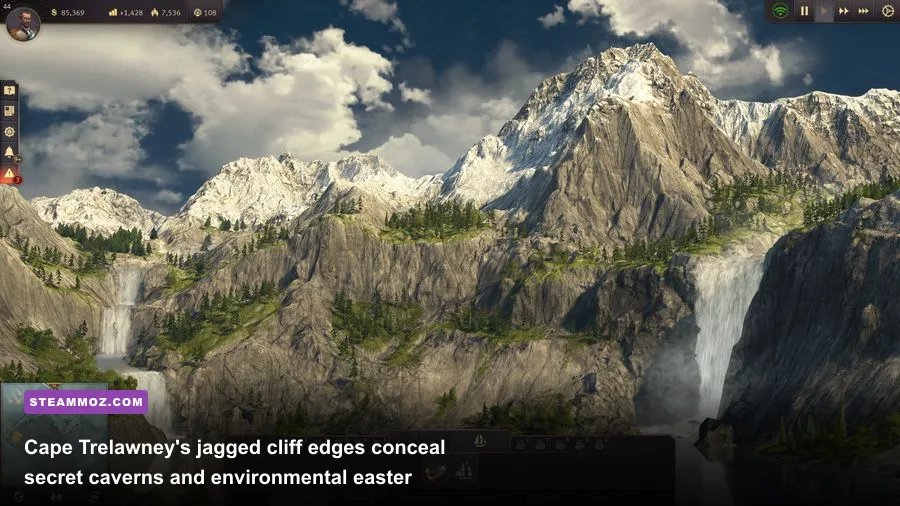 The massive waterfall cliff face of Crown Falls in Anno 1800