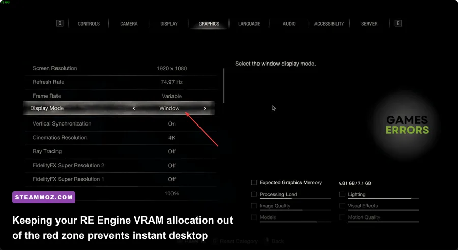 In-game graphics options and VRAM usage bar in Resident Evil 4 Remake PC menu