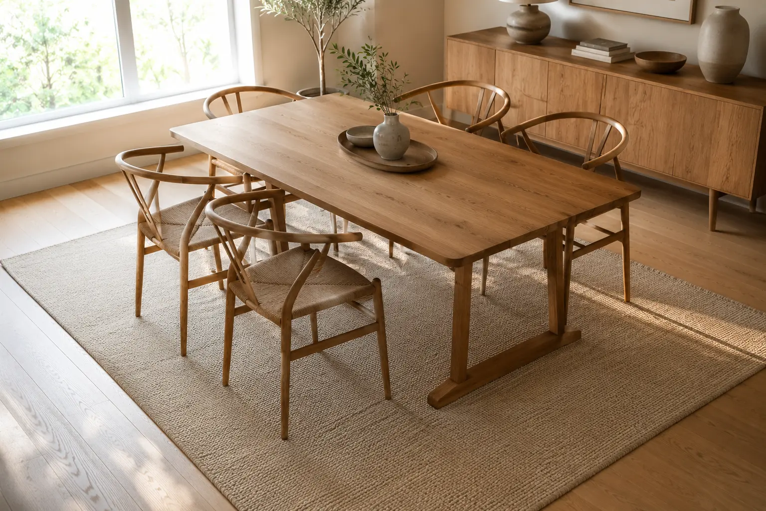 low-pile rug under dining chairs in a bright dining room