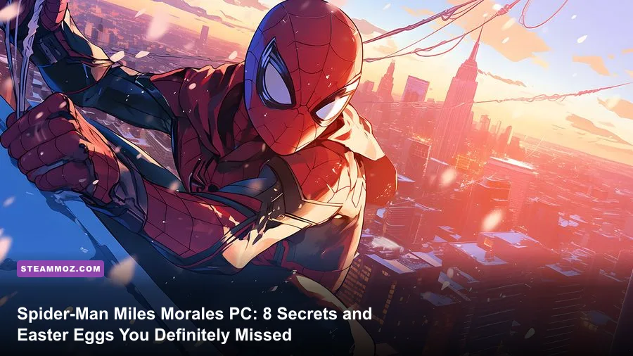 Miles Morales perching on a Manhattan skyscraper during winter in Spider-Man Miles Morales PC