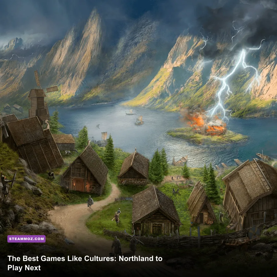 A montage of medieval settlement and Viking strategy games similar to Cultures Northland