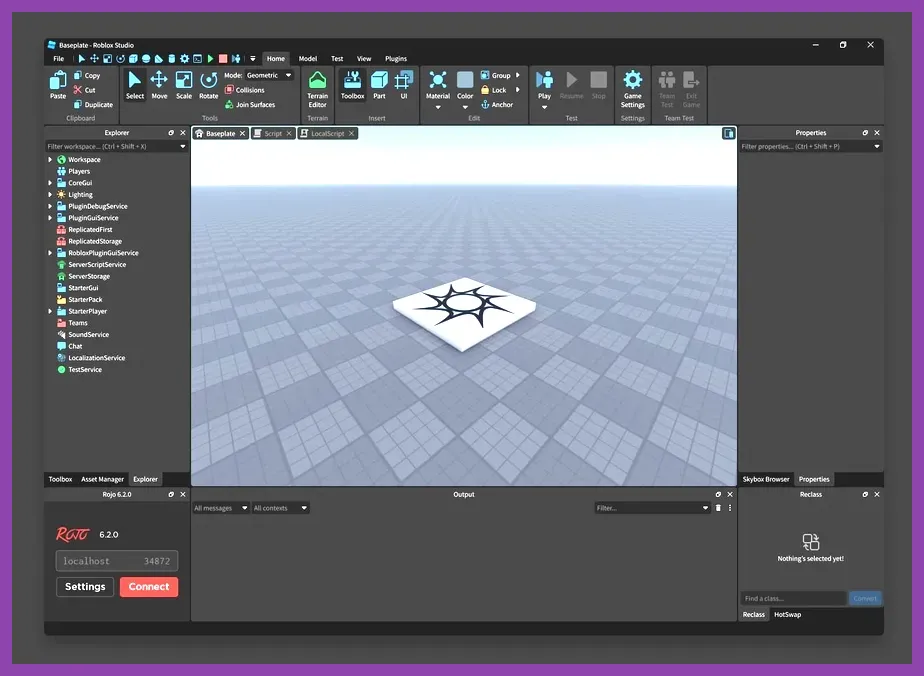 Roblox Studio application window showing 3D world building tools