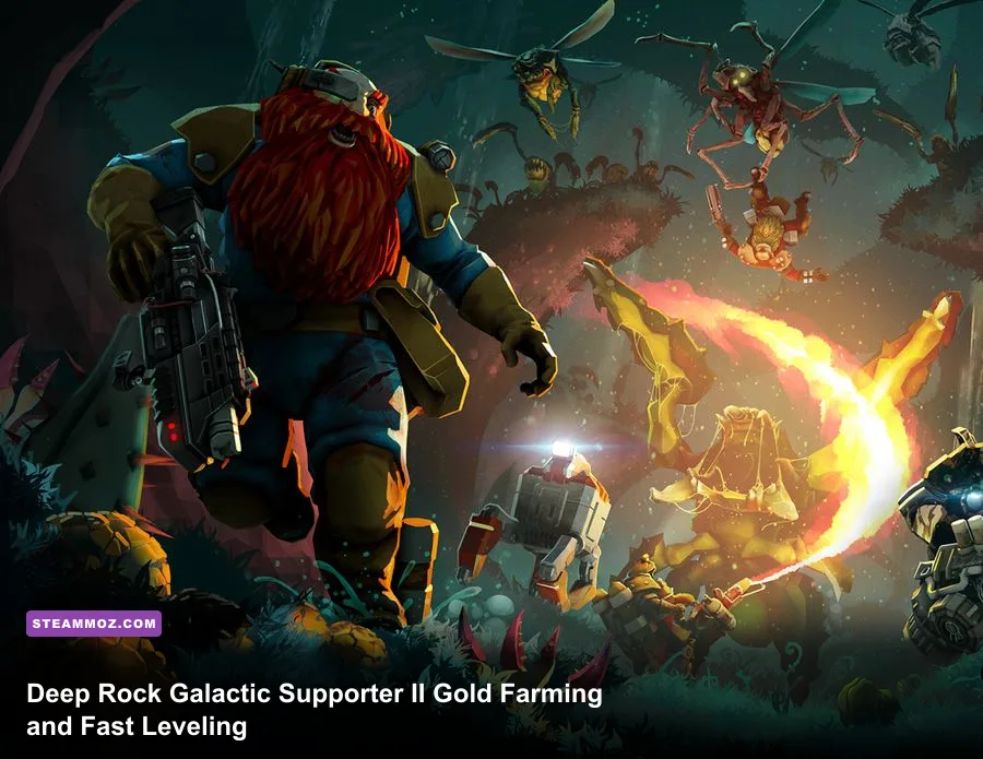 Deep Rock Galactic dwarves wearing Supporter II gold cosmetics while mining in a cave