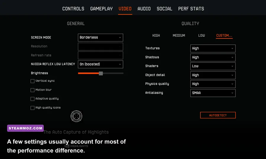 PC game graphics settings showing ray tracing upscaling and shadow options