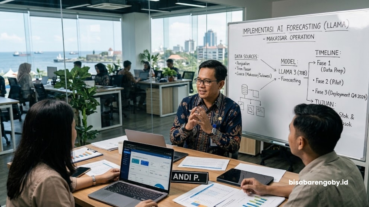 Manajer operasional merencanakan implementasi AI Forecasting untuk perusahaan di Makassar berbasis Llama