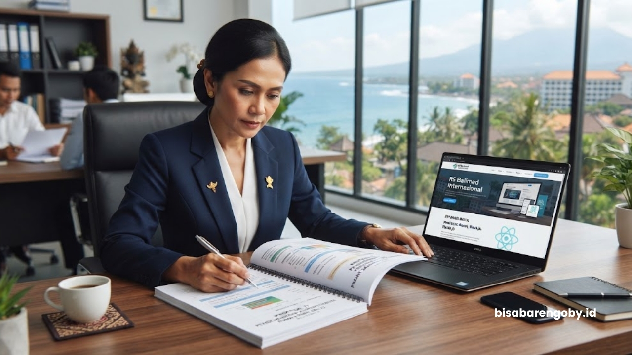 Direktur operasional meninjau proposal TI saat mengevaluasi harga website rumah sakit untuk perusahaan di Bali berbasis React