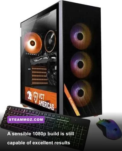 Affordable 1080p gaming PC setup with compact desktop and gaming monitor