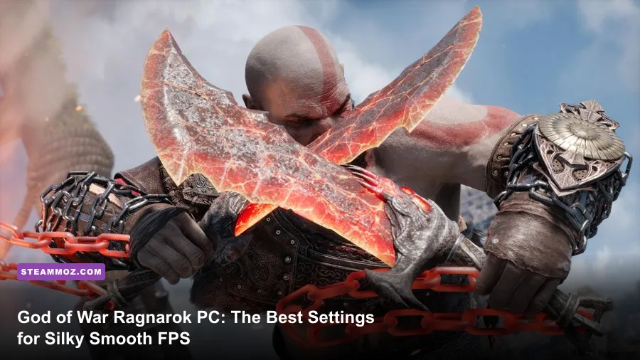 Kratos swinging the Blades of Chaos in God of War Ragnarok on PC