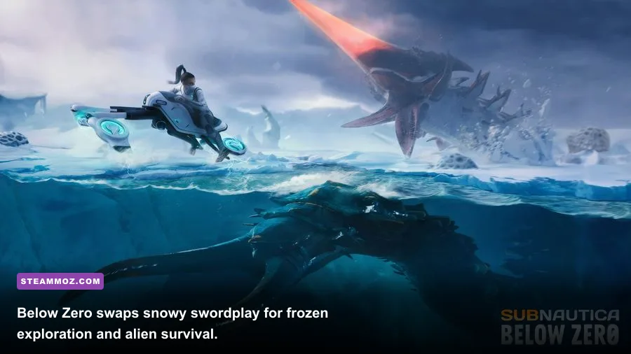 Subnautica Below Zero player crossing the Glacial Basin on a Snowfox
